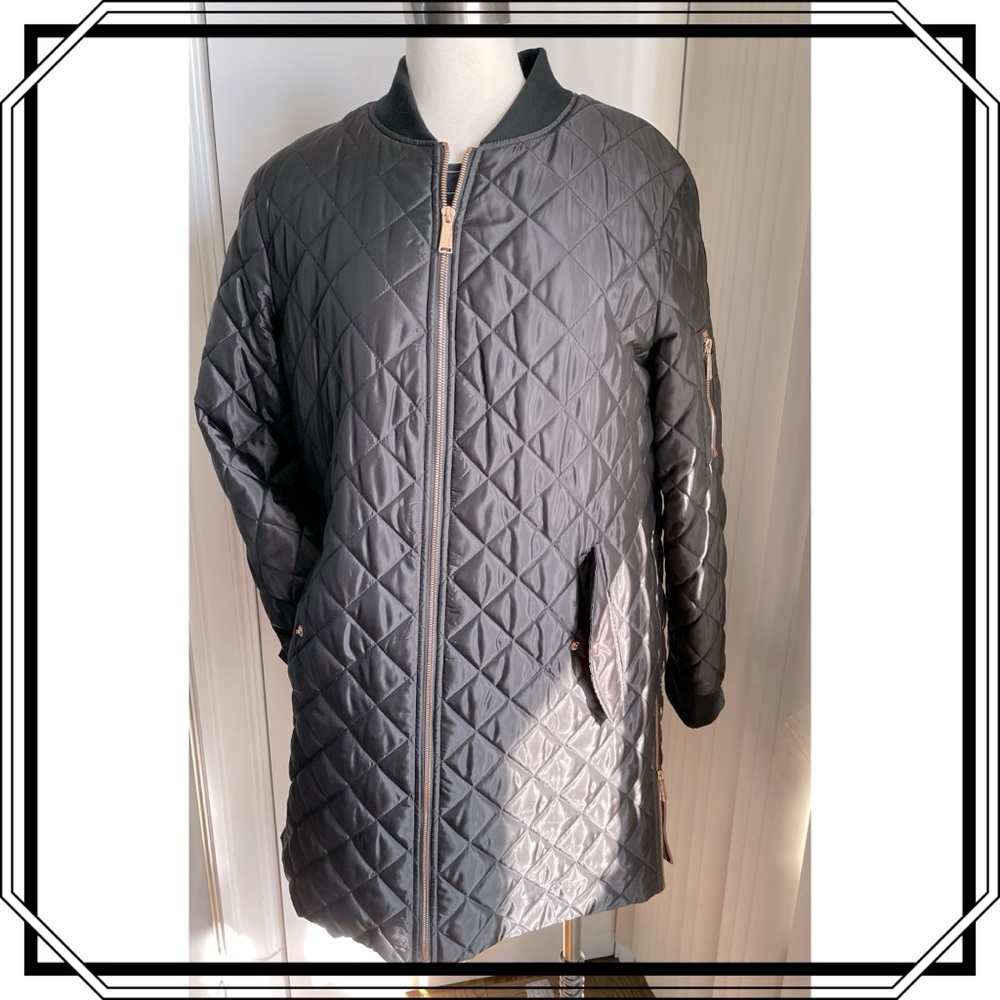 BCBG Generation Diamond Quilted Long Line Bomber Coat w knit collar & cuffs